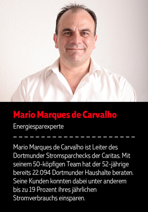 Autorenkasten: Mario Marques de Carvalho ist Leiter des Dortmunder Stromsparchecks der Caritas. Mit seinem 50-köpfigen Team hat der 52-jährige bereits 150.000 Dortmunder Haushalte beraten. Seine Kunden konnten dabei unter anderem bis zu 19 Prozent ihres jährlichen Stromverbrauchs einsparen.